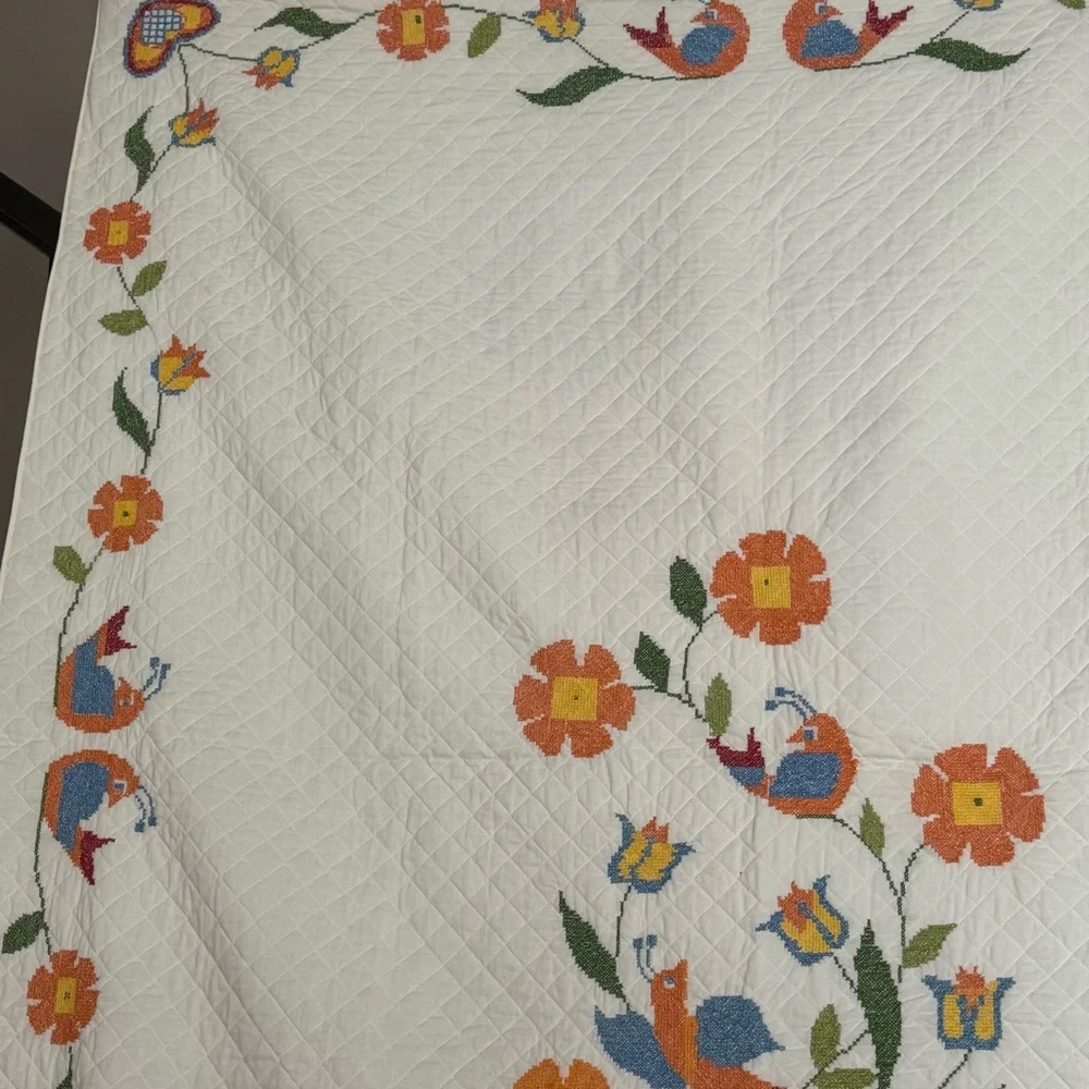 Vintage Lovebirds Needlepoint Quilt Folk Art Heart‎ Floral Bedspread Queen XL
